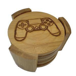 6 Video Game Controller Laser Engraved Bamboo Coasters With Holder - Gamer Cave